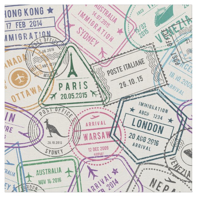 Travel Stamps Pattern fabric (Close Up)