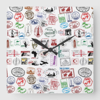 Travel Stamps Pattern Square Wall Clock