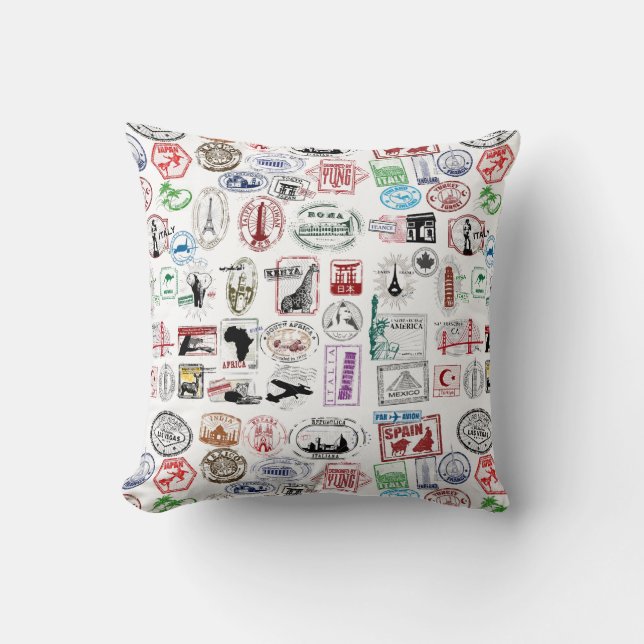 Travel Stamps Pattern Throw Pillow (Front)