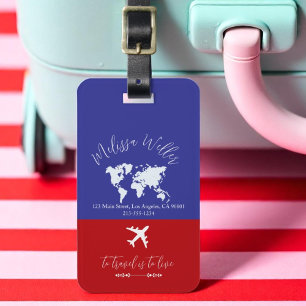 Travel Tag with World Map and Plane red blue