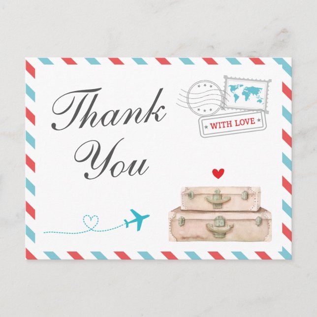 Travel Thank You Card, Airplane Airline Wedding Postcard (Front)