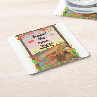 Travel the open road vintage hiking poster square paper coaster