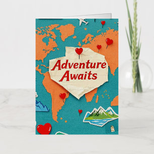 Travel the world map with heart pins foil greeting card