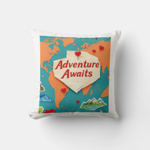 Travel the world map with heart pins throw pillow
