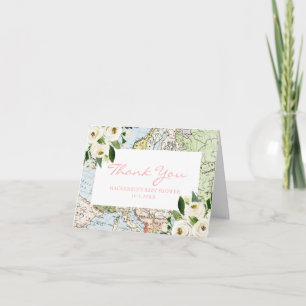 Travel Theme Baby Shower Pink Map Thank You Card