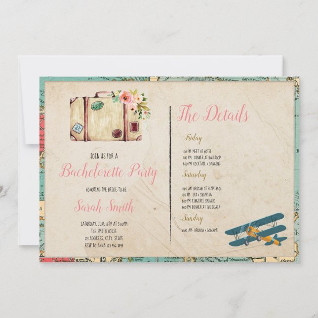 Travel theme bachelorette with Itinerary party tem Invitation (Front)