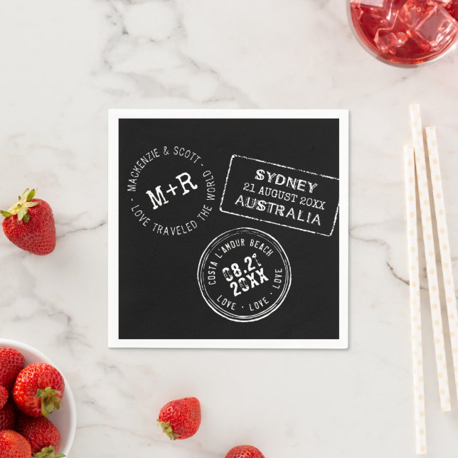 Travel Theme Black White Passport Stamp Wedding  Napkin (Insitu)