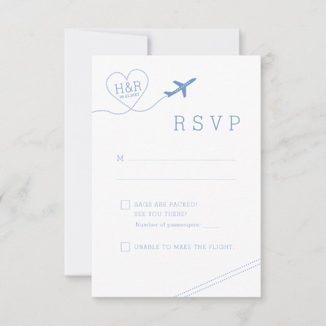 Travel Theme Blue Airplane Heart Minimalist RSVP Card (Front)