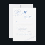 Travel Theme Blue Airplane Heart Minimalist RSVP Card<br><div class="desc">Blue and White Simple Modern Travel Theme Vertical RSVP Response Card for a destination wedding or travel theme bridal shower with retro fonts and an airplane heart trail wedding monogram logo in the corner. Colours and fonts are editable so you can use this template to match your exact travel theme...</div>