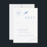 Travel Theme Blue Airplane Heart Minimalist RSVP Card<br><div class="desc">Blue and White Simple Modern Travel Theme Vertical RSVP Response Card for a destination wedding or travel theme bridal shower with retro fonts and an airplane heart trail wedding monogram logo in the corner. Colours and fonts are editable so you can use this template to match your exact travel theme...</div>