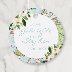 Travel Theme Floral Blue Green and White Map Favour Tags