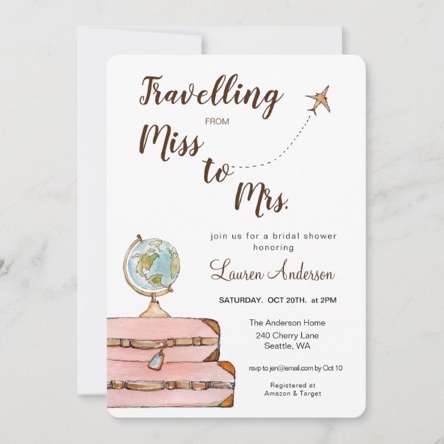 Travel Theme Miss to Mrs Bridal Shower Invitation (Front)