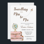 Travel Theme Miss to Mrs Bridal Shower Invitation<br><div class="desc">Cute feminine travel themed 'Travelling from Miss to Mrs'  bridal shower invitation featuring hand painted watercolor globe and travel suitcases.</div>