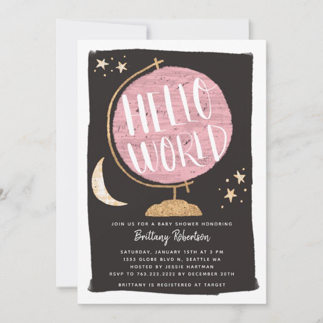 Travel Theme Pink Globe Hello World Baby Shower Invitation (Front)