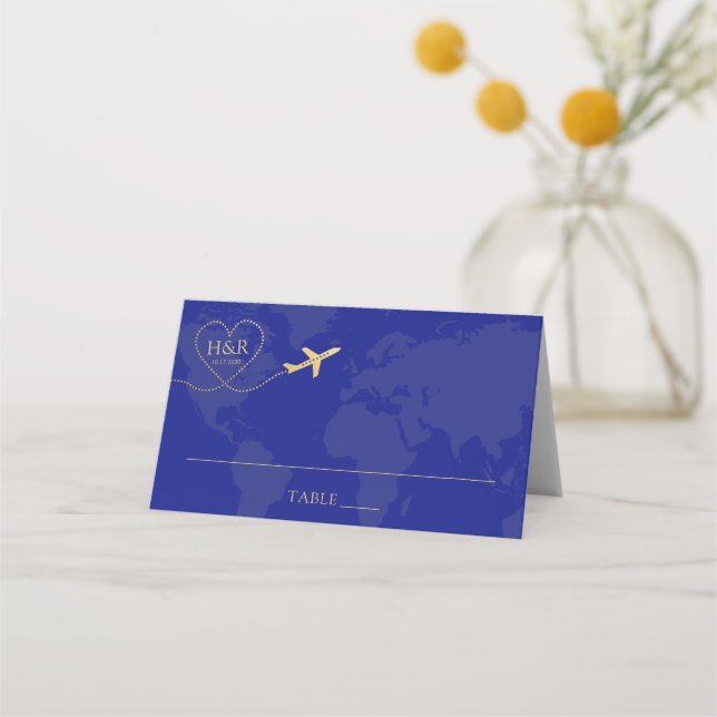 Travel Theme Wedding Logo Blue Map Place Card (Front)