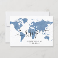 Travel Theme World Map Blue RSVP Card