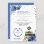 Travel themed bridal shower invitation<br><div class="desc">Travel themed bridal shower invitation in shades of blue and gold,  cute watercolor suitcases,  a globe,  travel stamp (with bride and groom initials) and finished with fun confetti.</div>