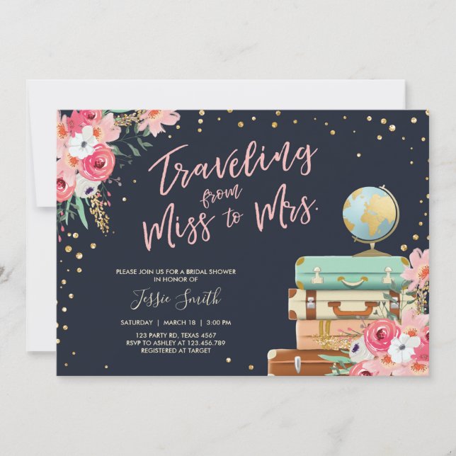 Travel themed Bridal shower invitation Miss to Mrs (Front)