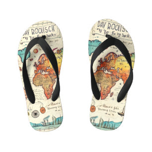 Travel themed vintage map drawing colourful kid's flip flops