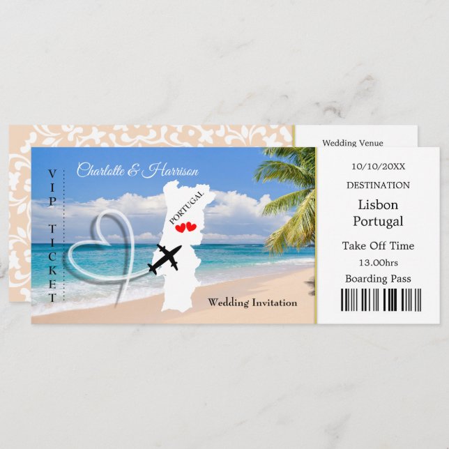 Travel Ticket Boarding Pass Portugal Wedding Invitation (Front/Back)