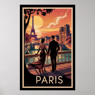 Travel to Paris Couple and Eiffel Tower Vintage  Poster