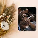 Travel Wedding Airplane Heart Modern Save The Date Magnet<br><div class="desc">Announce your special wedding day in elegant style with this travel themed Save the Date magnet, featuring customizable photo upload option, allowing you to showcase your favourite moment and personalize the magnet. The design centres on a simple white image of two airplanes forming a heart, symbolizing your journey together. Inside...</div>