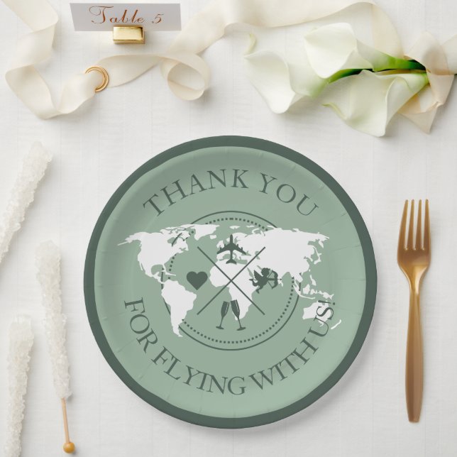 Travel Wedding Decor World Map Boho Sage Green Paper Plate (Wedding)