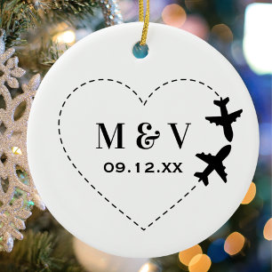Travel Wedding Two Airplanes make Heart Modern Ceramic Ornament