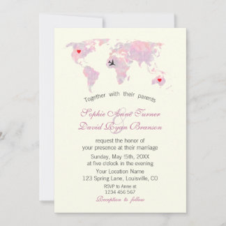 Travel Wedding Watercolor World Map Ivory Invitation