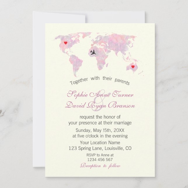 Travel Wedding Watercolor World Map Ivory Invitation (Front)