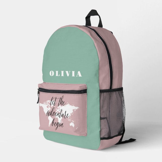 Travel World Map girly Personalized Printed Backpack (Back Corner Right)