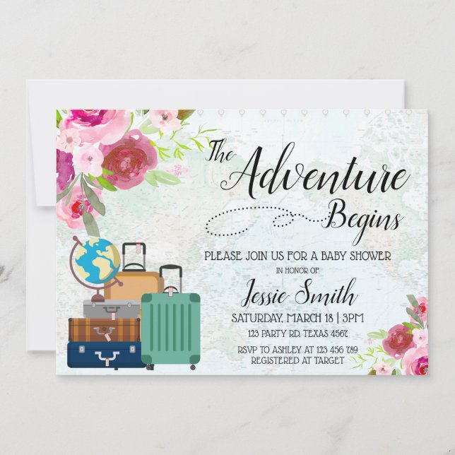 Travel Worldmap Baby Shower Adventure Begins RSVP Invitation (Front)