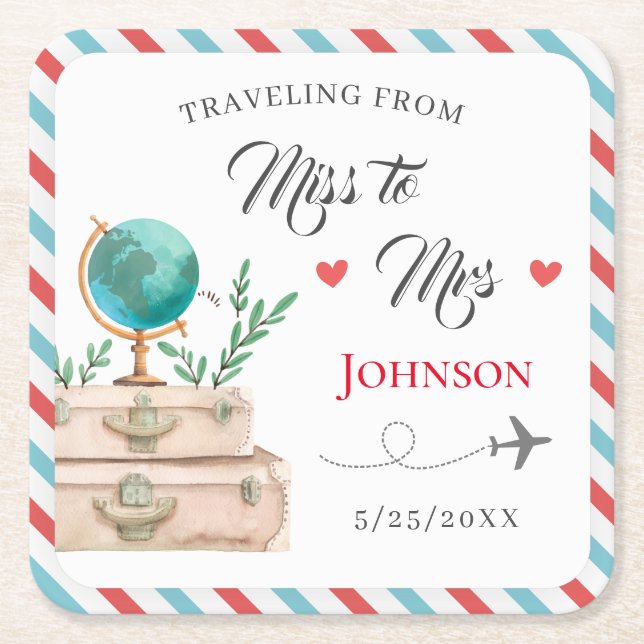 Traveling from Miss to Mrs Travel Bridal Shower Square Paper Coaster (Front)