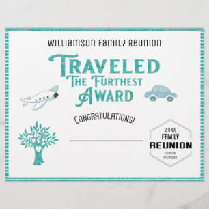 Travelled The Furthest Family Tree Reunion Award Letterhead