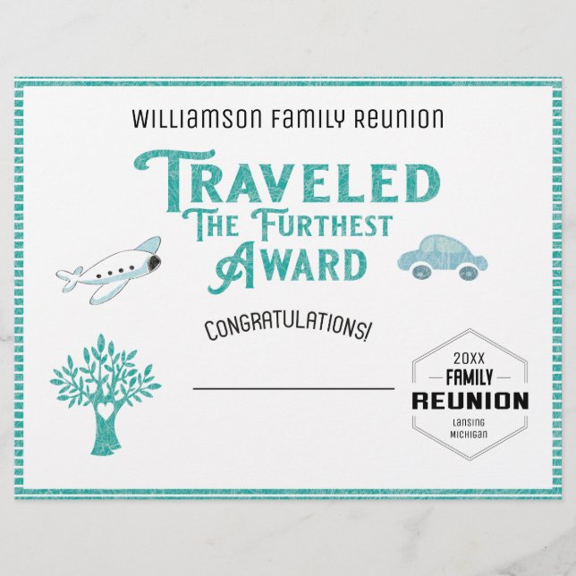 Travelled The Furthest Family Tree Reunion Award Letterhead (Front)