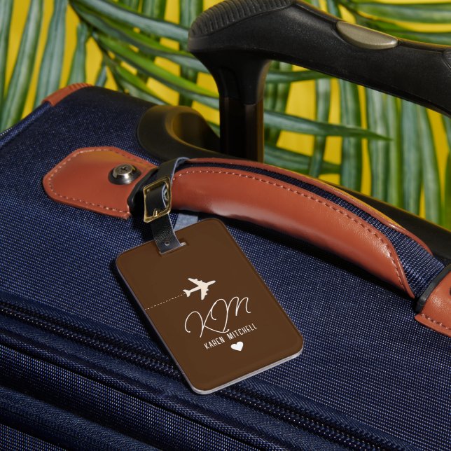 Traveller Name Monogram Airplane brown Luggage Tag (Front Insitu 1)