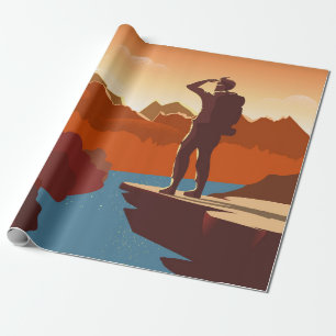 Traveller or explorer with backpack, standing on t wrapping paper
