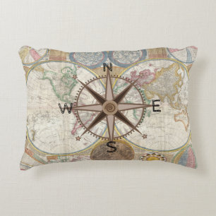 Traveller World Map Compass Rose Accent Pillow