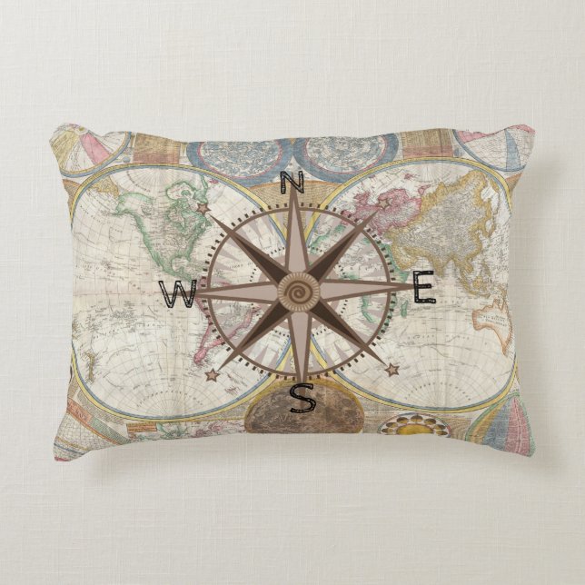 Traveller World Map Compass Rose Accent Pillow (Front)