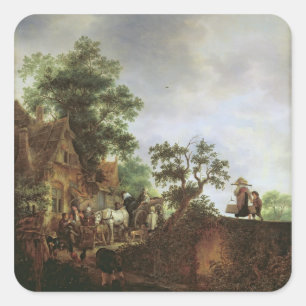 Travellers by an Inn (oil on canvas) Square Sticker