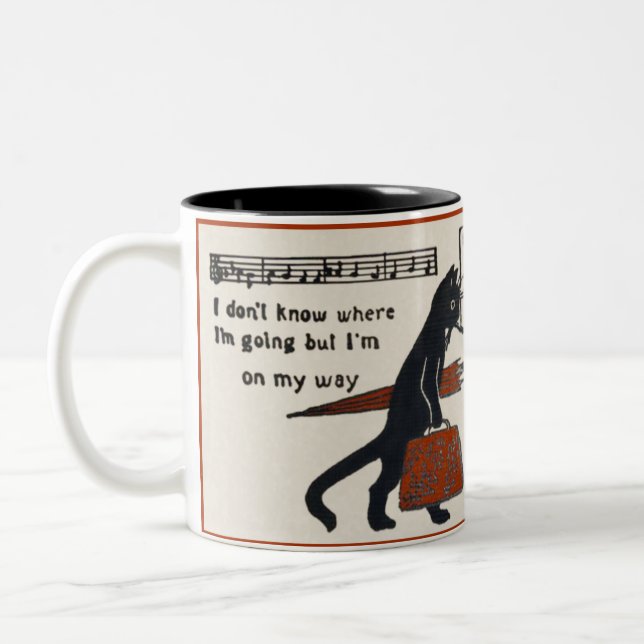 Travelling Black Cat Vintage Postcard Coffee Mug (Left)