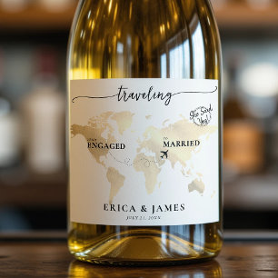 Travelling from Engaged to Married Gold Map Sparkling Wine Label