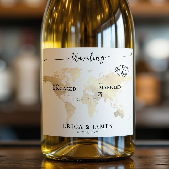 Travelling from Engaged to Married Gold Map Sparkling Wine Label (Creator Uploaded)