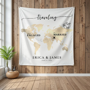 Travelling from Engaged to Married Gold Map Tapestry