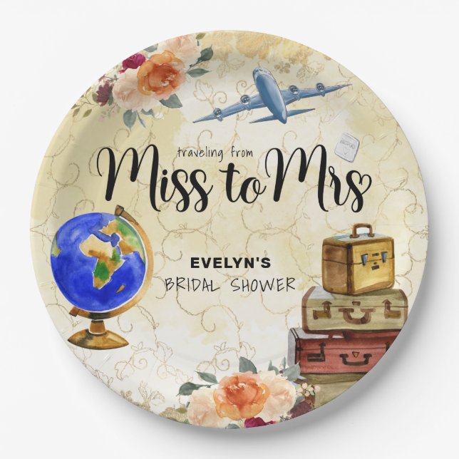 Travelling From Miss to Mrs Bridal Shower Paper Plate (Front)