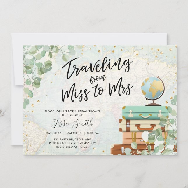 Travelling From Miss to Mrs Greenery Bridal Shower Invitation (Front)