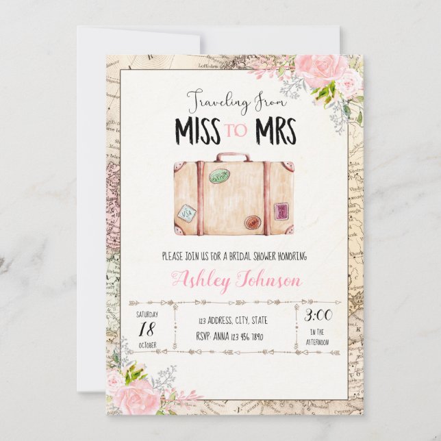 Travelling from miss to mrs invitation (Front)