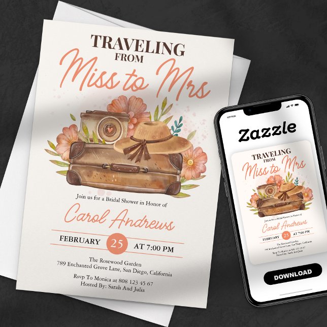 Travelling From Miss to Mrs Travel Bridal Shower Invitation (Creator Uploaded)