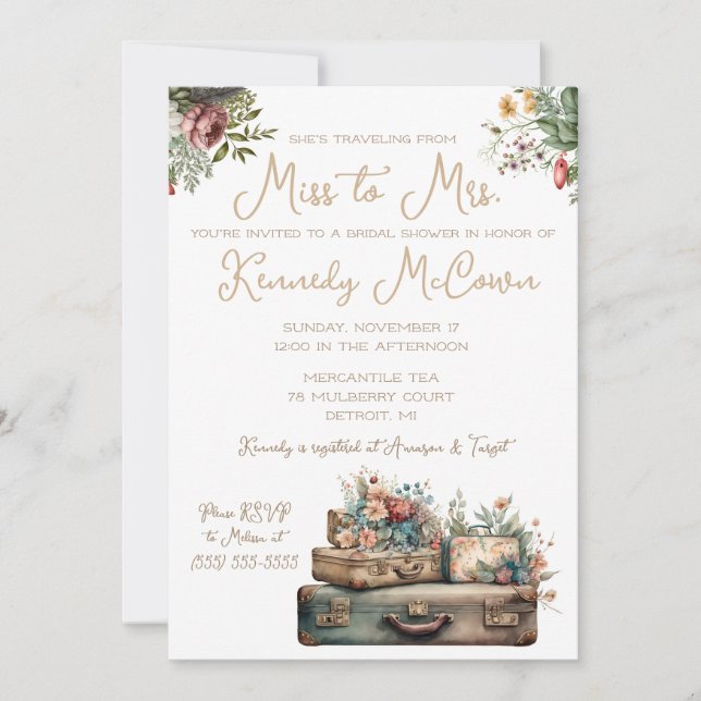 Travelling from Miss to Mrs. Vintage Luggage Invitation (Front)