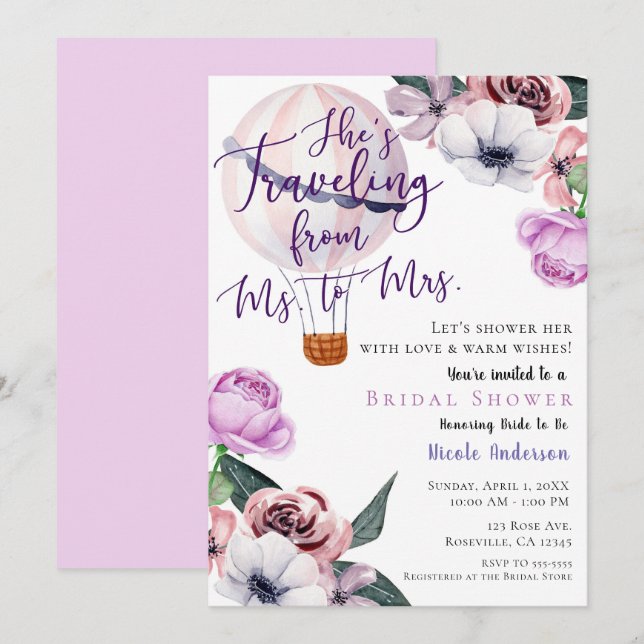 Travelling From Ms. to Mrs. Bridal Shower lavender Invitation (Front/Back)